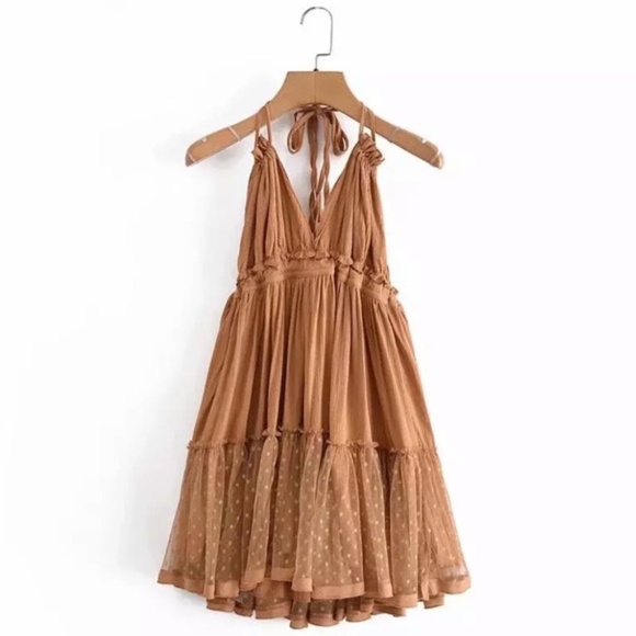 Dresses & Skirts - SOLD OUT Khaki Swiss Dot Mesh Boho Halter Mini Dress